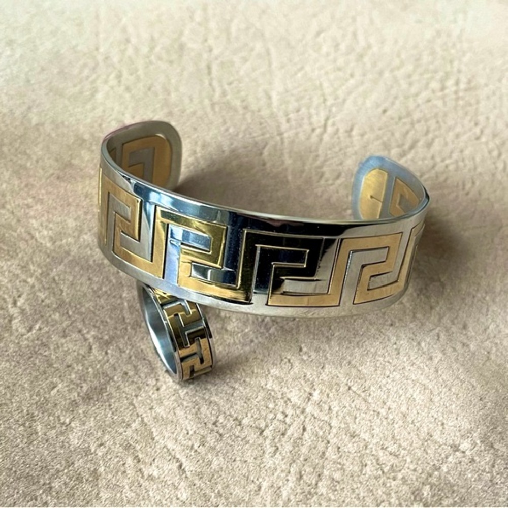Greek Key Cuff Bracelet and Ring Set